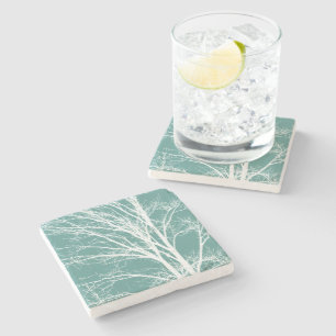 Dessous-de-verre En Pierre Branches d'arbre nues vert sarcelle blanc