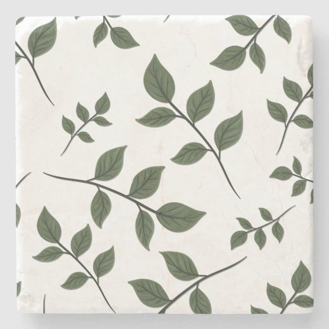 Dessous-de-verre En Pierre Branches de feuillage avec Feuilles verts en blanc (Devant)