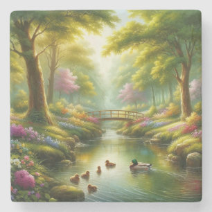 Dessous-de-verre En Pierre Brook de printemps avec canards/fleurs