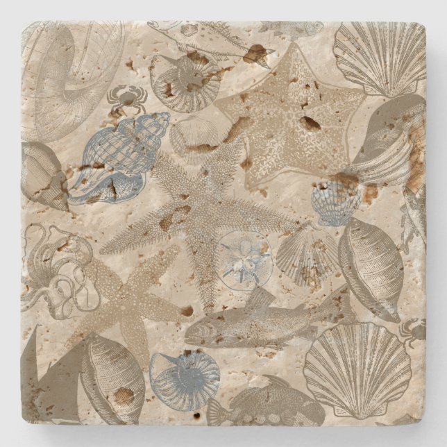 Dessous-de-verre En Pierre Brown Beach Blue Shells Ocean (Devant)