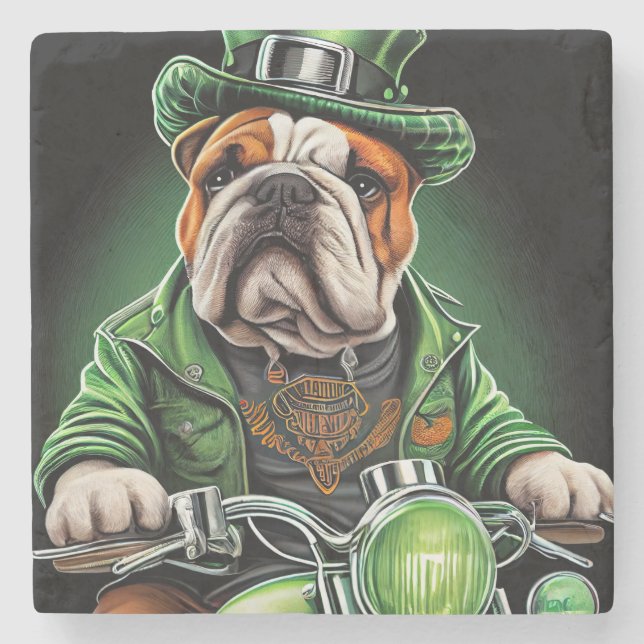 Dessous-de-verre En Pierre Bulldog Driving Bike St. Patrick's Day (Devant)