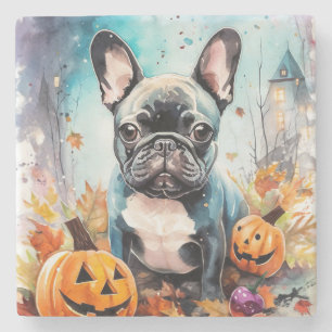 Dessous-de-verre En Pierre Bulldog français d'Halloween avec citrouilles effr