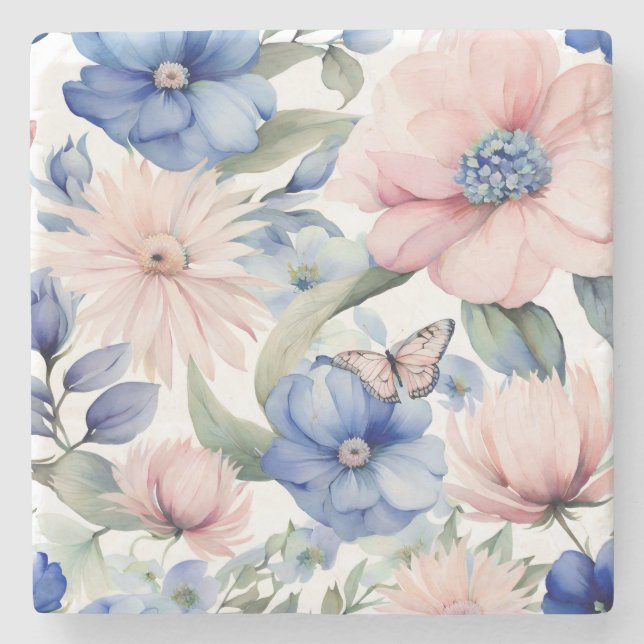 Dessous-de-verre En Pierre Bunch de fleurs rose et bleu classique (Devant)