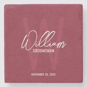 Dessous-de-verre En Pierre Burgundy Red Script Personnalisé Groomsman's Name
