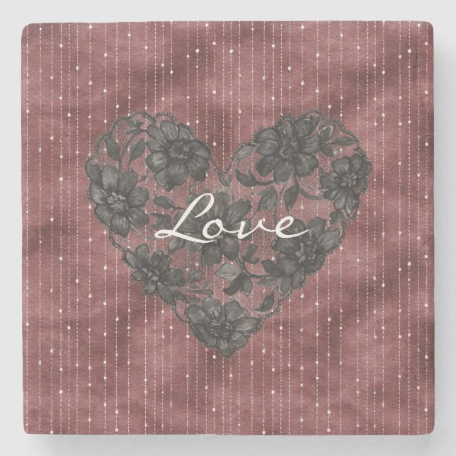 Dessous-de-verre En Pierre Burgundy Stripes Black Faux Lace Floral Heart  (Devant)