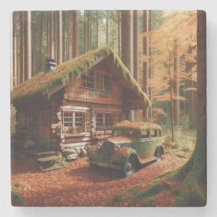 Dessous-de-verre En Pierre Cabine dans la forêt avec une automobile antique