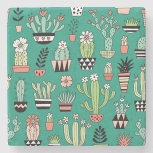 Dessous-de-verre En Pierre Cactus en floraison Arrière - plan vert Vintage