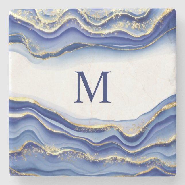 Dessous-de-verre En Pierre Cadeau de géode d'agate bleue blanche or Monogram (Devant)