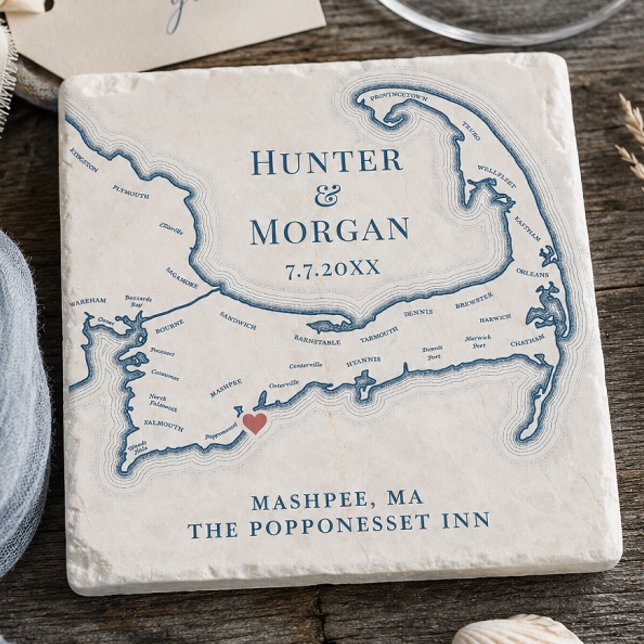 Dessous-de-verre En Pierre Cadeau de mariage Popponesset Inn Carte du Cap Cod (Popponesset Inn Wedding Favor Cape Cod Map Stone Coaster Gift by Coastal Map Designs.png)