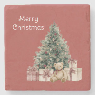 Dessous-de-verre En Pierre Cadeaux d'ours en peluche d'arbre de Noël rouge