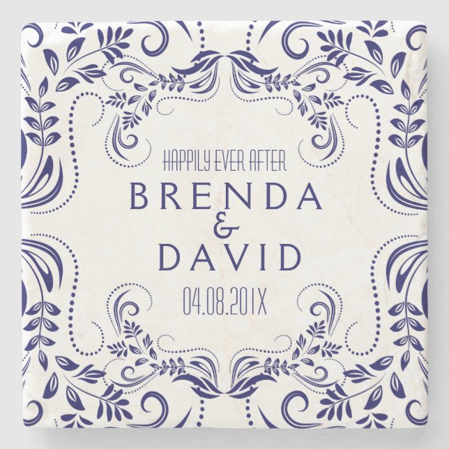 Dessous-de-verre En Pierre Cadre de dentelle Floral Royal Blue Arrière - plan (Devant)