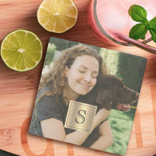 Dessous-de-verre En Pierre Cadre en or avec photo personnalisée et monogramme