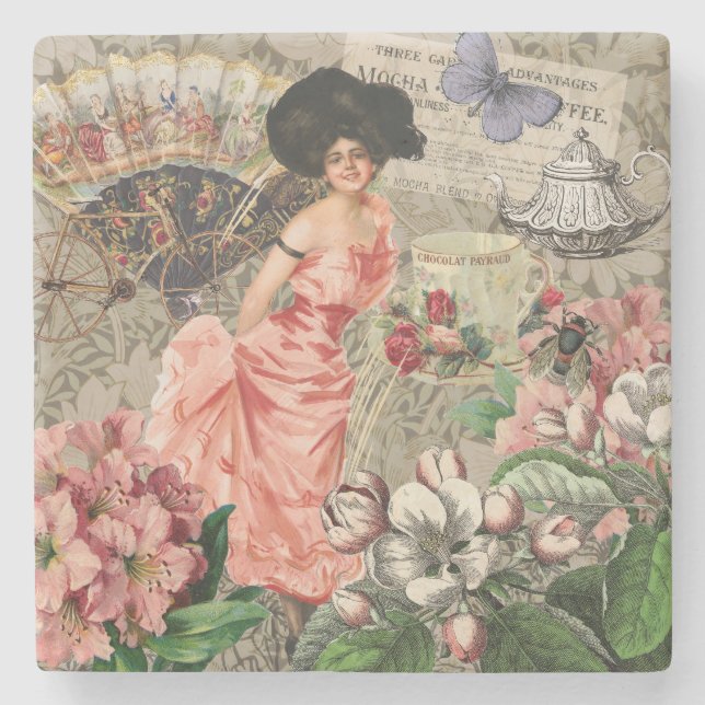 Dessous-de-verre En Pierre Café Lady Victorian Femme Rose Classy (Devant)