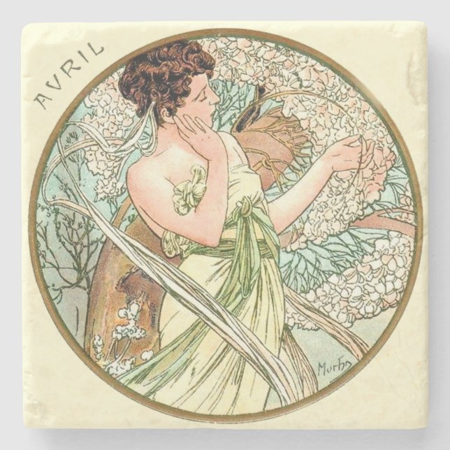 Dessous-de-verre En Pierre Calendrier Mucha Art Nouveau Avril (Devant)