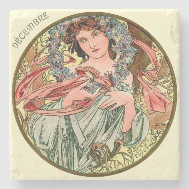 Dessous-de-verre En Pierre Calendrier Mucha Art Nouveau Décembre (Devant)