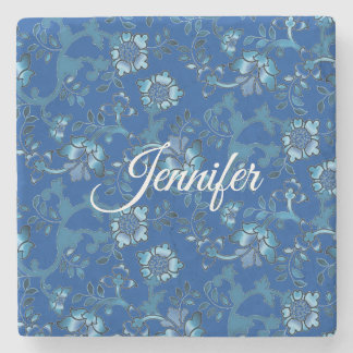 Dessous-de-verre En Pierre Calligraphie Elégant bleu Floral Nom personnalisé