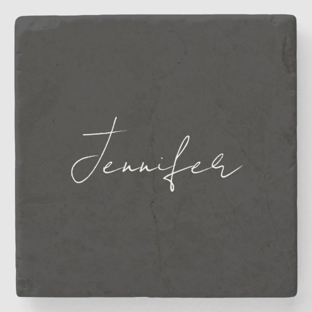 Dessous-de-verre En Pierre Calligraphie Elégant Noir Blanc Plaine Nom simple (Devant)