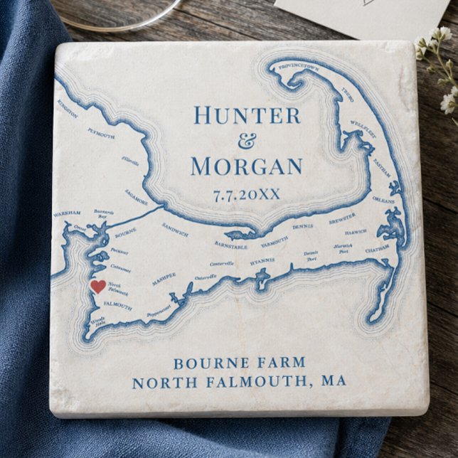 Dessous-de-verre En Pierre Cape Cod Carte de Mariage Faveur Bourne Farm (Bourne Farm Wedding Favor Cape Cod Stone Coaster Gift by Coastal Map Designs)