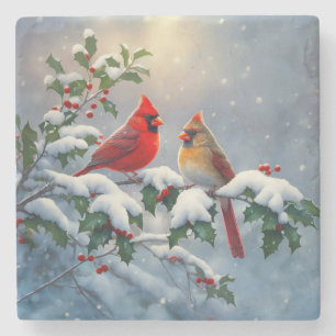 Dessous-de-verre En Pierre Cardinaux rouges et houx dans la neige
