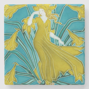 Dessous-de-verre En Pierre Carreau Art nouveau représentant un narcisse jaune