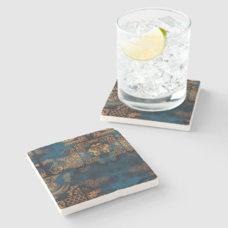 Dessous-de-verre En Pierre Carreau géométrique bohème antique sarcelle et or