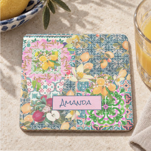 Dessous-de-verre En Pierre Carreaux floraux de citrons siciliens bleus chic r