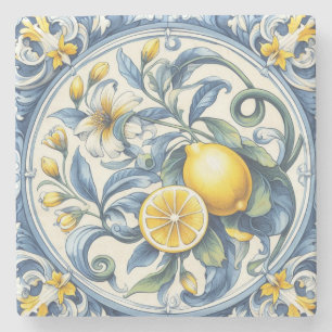 Dessous-de-verre En Pierre Carreaux italiens bleus et blancs d'Amalfi citrons