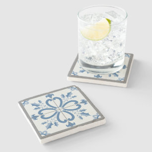 Dessous-de-verre En Pierre Carrelage bleu aux pétales de fleurs et houx de No