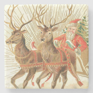 Dessous-de-verre En Pierre Carte postale de Noël vintage, Père Noël avec renn