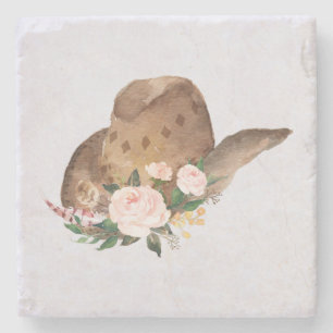 Dessous-de-verre En Pierre Casquette Brown Cowgirl avec fleurs roses