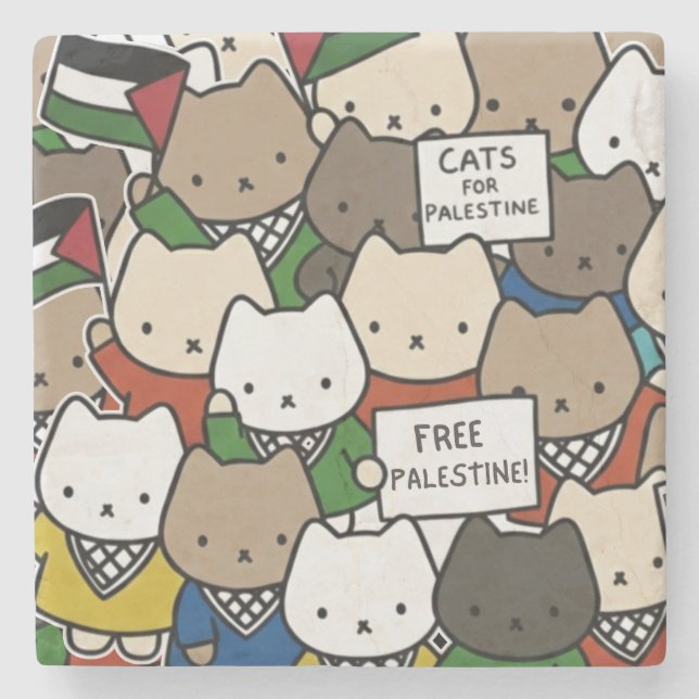 Dessous-de-verre En Pierre Cats for Palestine – Kawaii Cats for Justice (Devant)