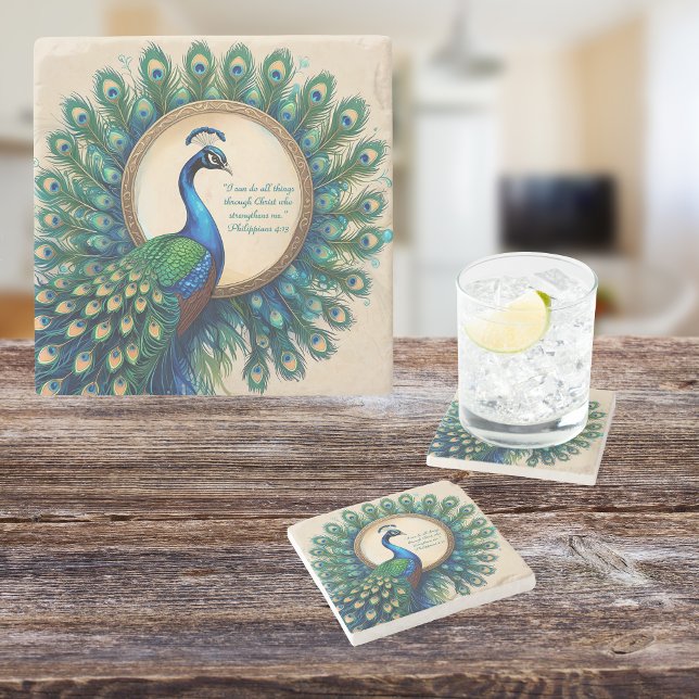 Dessous-de-verre En Pierre Céleste Peacock Bloom Bible Verse (Créateur téléchargé)