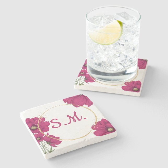 Dessous-de-verre En Pierre Cercle doré floral rose  (Côté)
