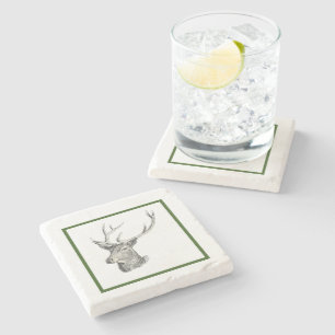 Dessous-de-verre En Pierre Cerf Buck Head avec Antlers Black and White Art