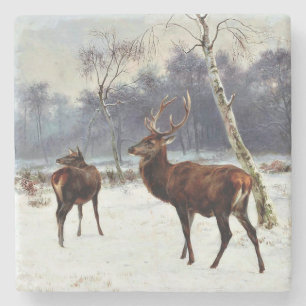 Dessous-de-verre En Pierre Cerf et biche dans un paysage enneigé