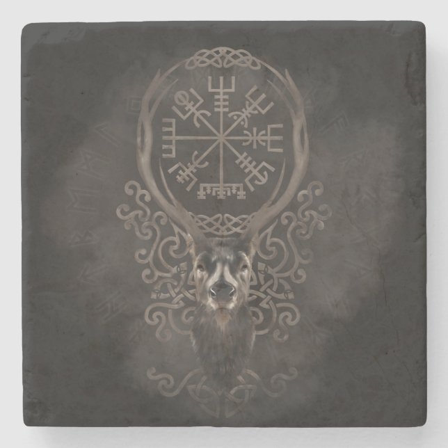 Dessous-de-verre En Pierre Cerfs communs et boussole de navigation de (Devant)