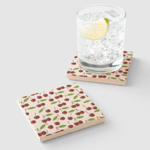 Dessous-de-verre En Pierre Cerise Rouge, Motif De Cerises, Feuilles, Fruits