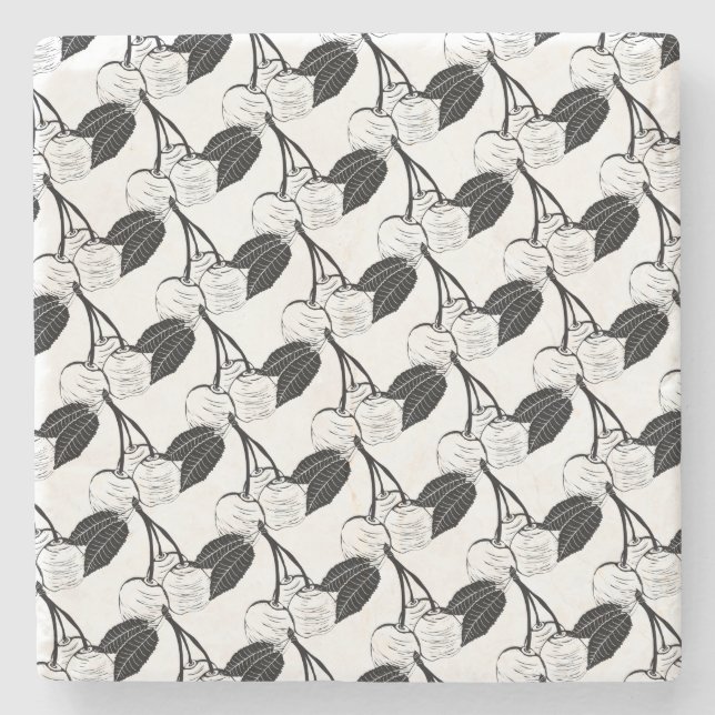 Dessous-de-verre En Pierre Cerises noires et blanches (Devant)