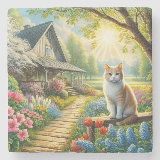 Dessous-de-verre En Pierre Chalet de printemps/jardin & chat (Devant)