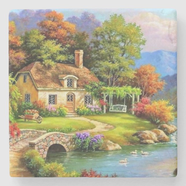 Dessous-de-verre En Pierre Chalet d'été sur l'eau Art (Devant)