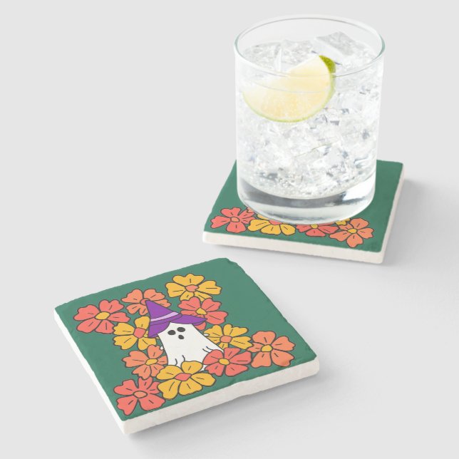 Dessous-de-verre En Pierre Champ fleur de fantôme d'Halloween mignon (Côté)