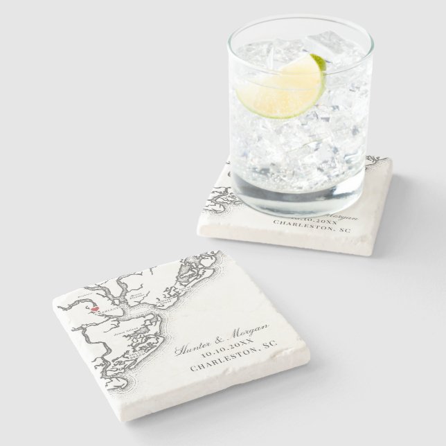 Dessous-de-verre En Pierre Charleston Carte Elégant Noir Blanc Mariage Favori (Côté)