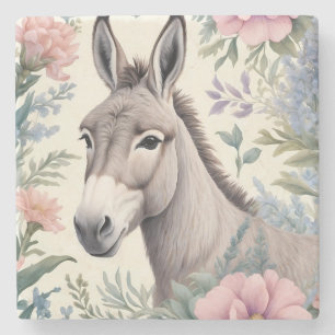 Dessous-de-verre En Pierre Charmante Donkey Pastel Fleurs Ferme Animal