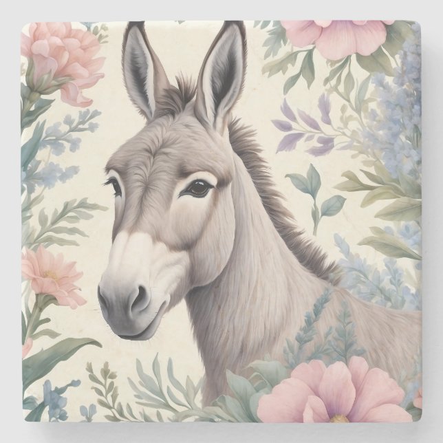 Dessous-de-verre En Pierre Charmante Donkey Pastel Fleurs Ferme Animal (Devant)
