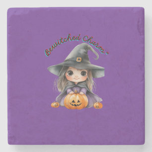 Dessous-de-verre En Pierre Charming Witch Girl Halloween Décor avec Citrouill