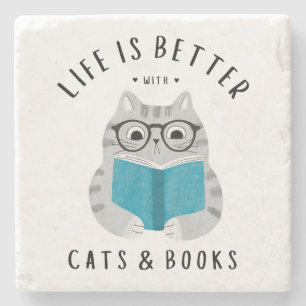 Dessous-de-verre En Pierre Chat amateur de livres mignon lisant un livre