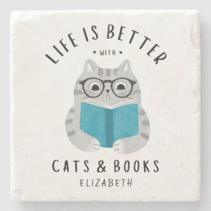 Dessous-de-verre En Pierre Chat amateur de livres mignon lisant un livre pers