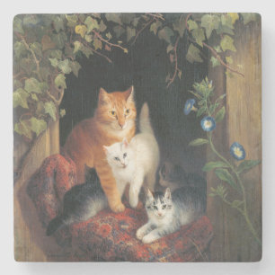 Dessous-de-verre En Pierre Chat avec chatons (Art animal)