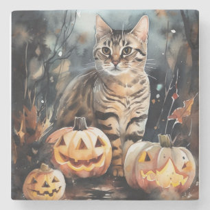 Dessous-de-verre En Pierre Chat Bengal Halloween avec citrouilles effrayantes