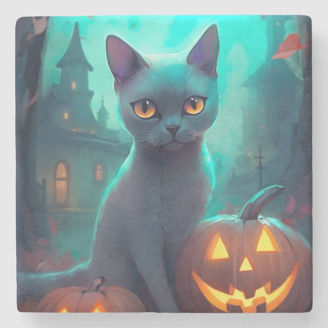 Dessous-de-verre En Pierre Chat bleu russe d'Halloween avec la peur Citrouill (Devant)